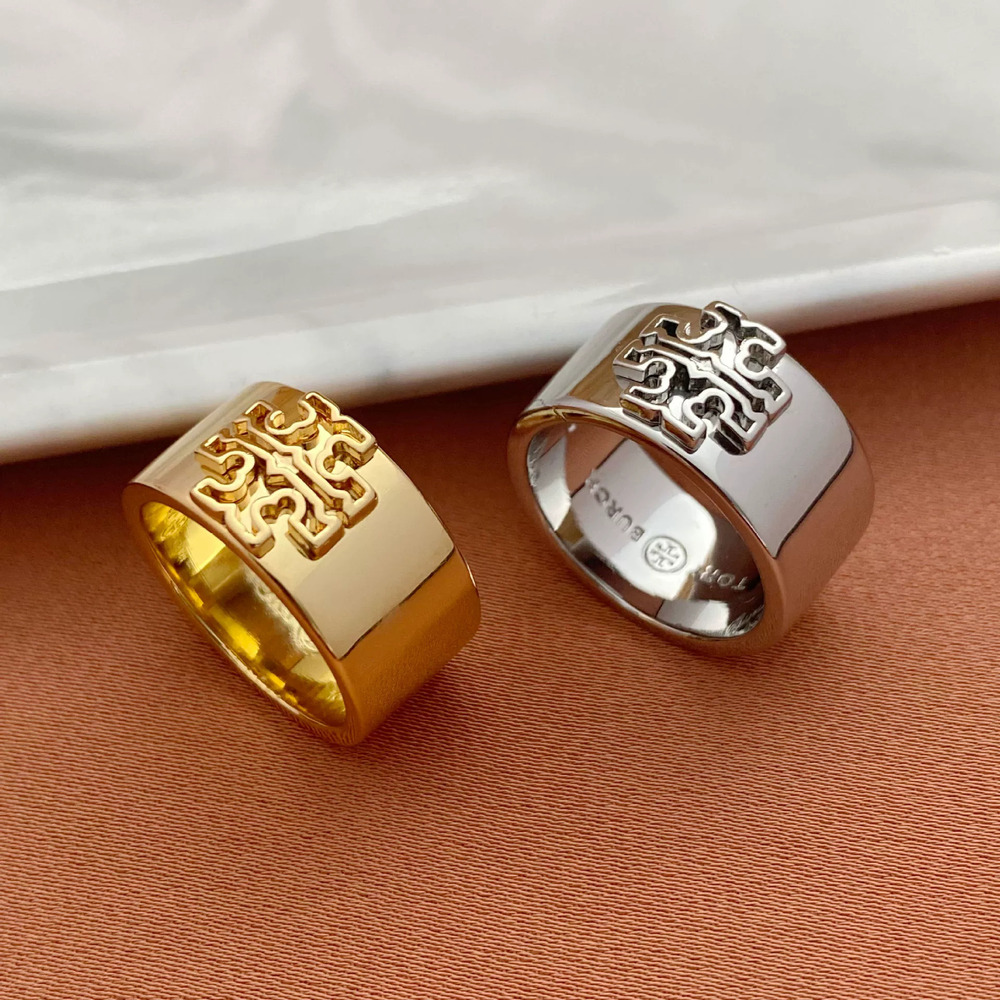 Tory Burch Geometric Letter Inlaid Metal Ring
